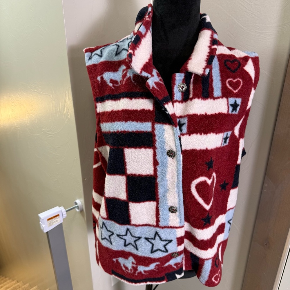 Christopher & Banks Americana Western Patriotic Fleece Vest Button Down Red XL